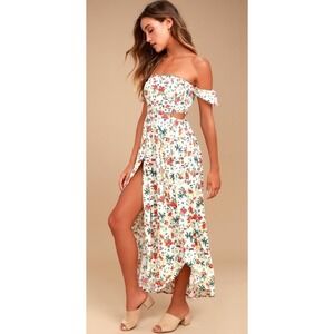 Lulus Lush Off Shoulder Floral Maxi Sundress Button Smocked Cut-Out Size M